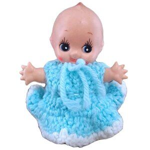 Vintage 5.5" Soft Plastic Kewpie Doll Blue Eyes Arms Move Crochet Dress Korea